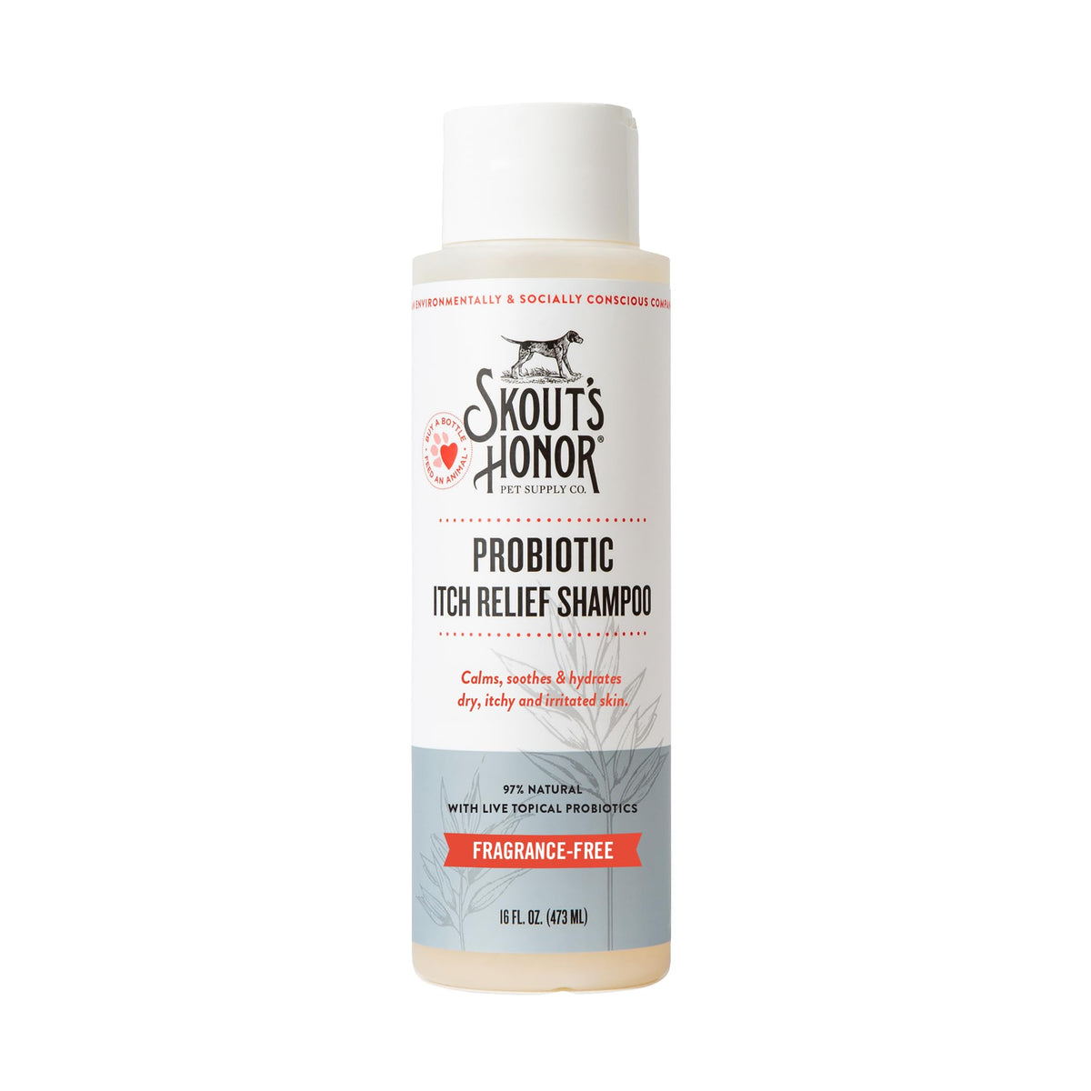SKOUT'S HONOR shampooing probiotiques pour animaux – bouteille claire, soin doux pour peau sensible.