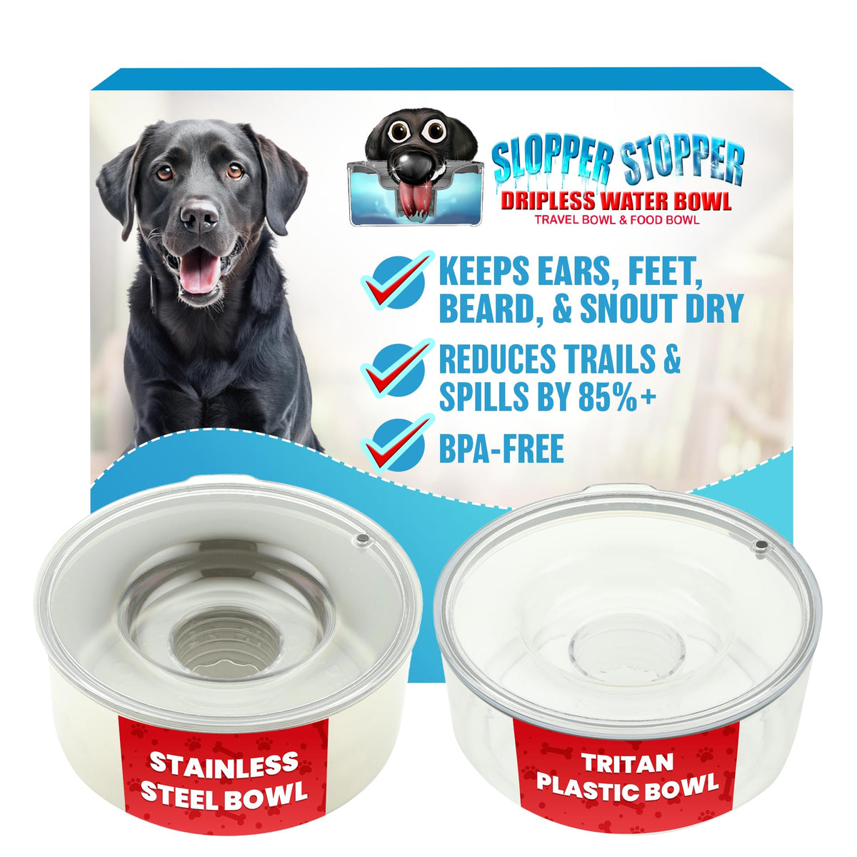 Slopper Stopper bol eau inox 1 gal pour chiens moyens, anti-éclaboussures.