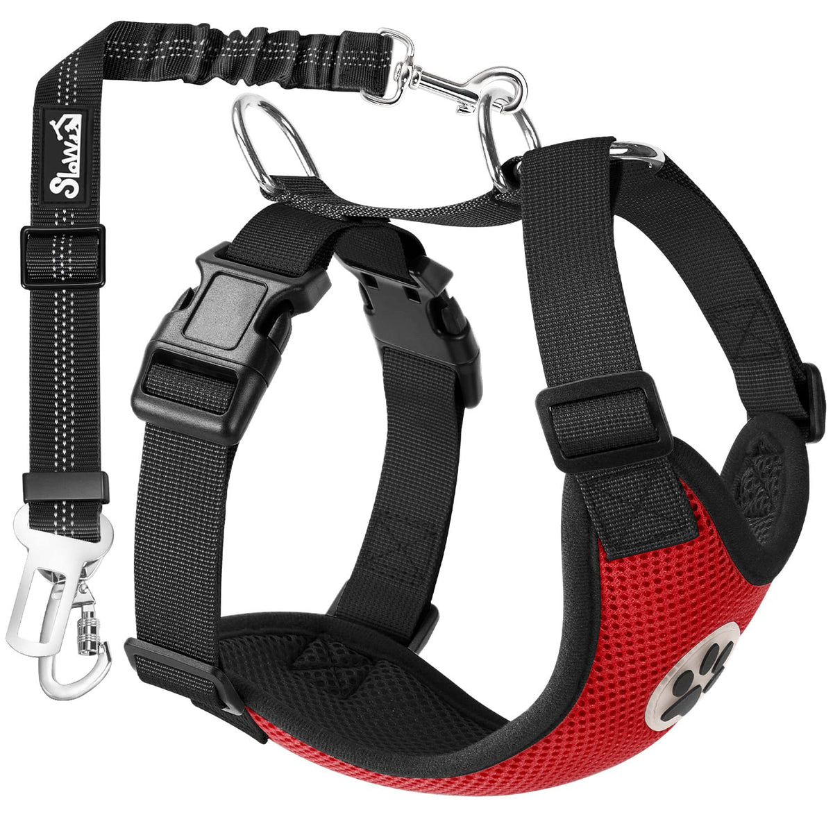 SlowTon harnais ceinture rouge pour chien, double clip, sécurité accrue en voiture.