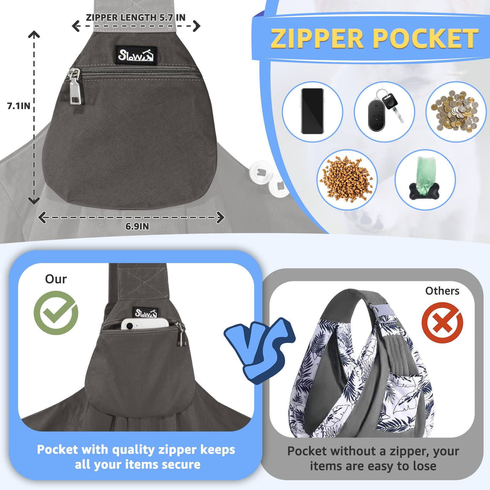 Poche frontale pratique pour friandises et essentiels pendant la promenade.