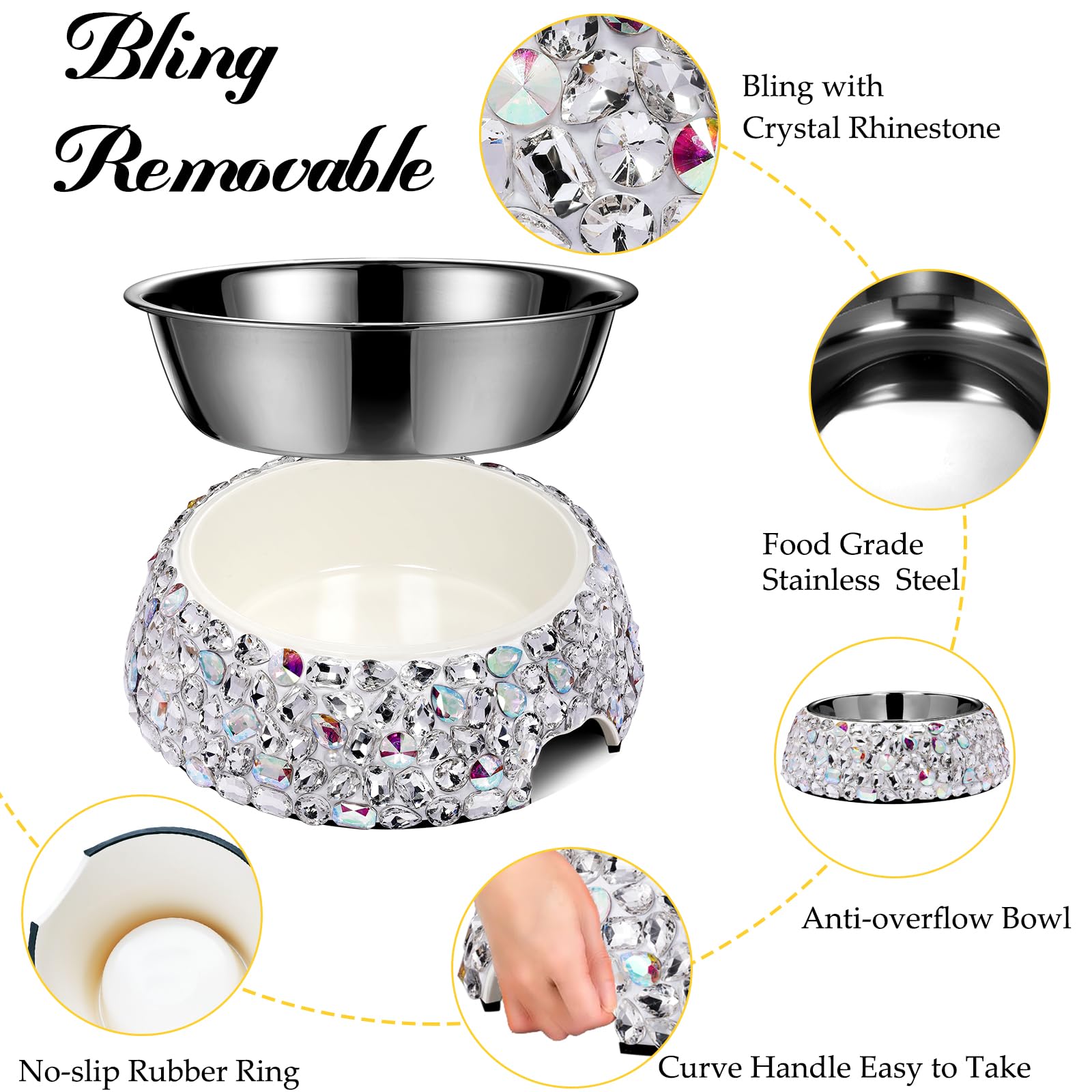 Bol amovible et base rhinestone facilitant le nettoyage et l’entretien.