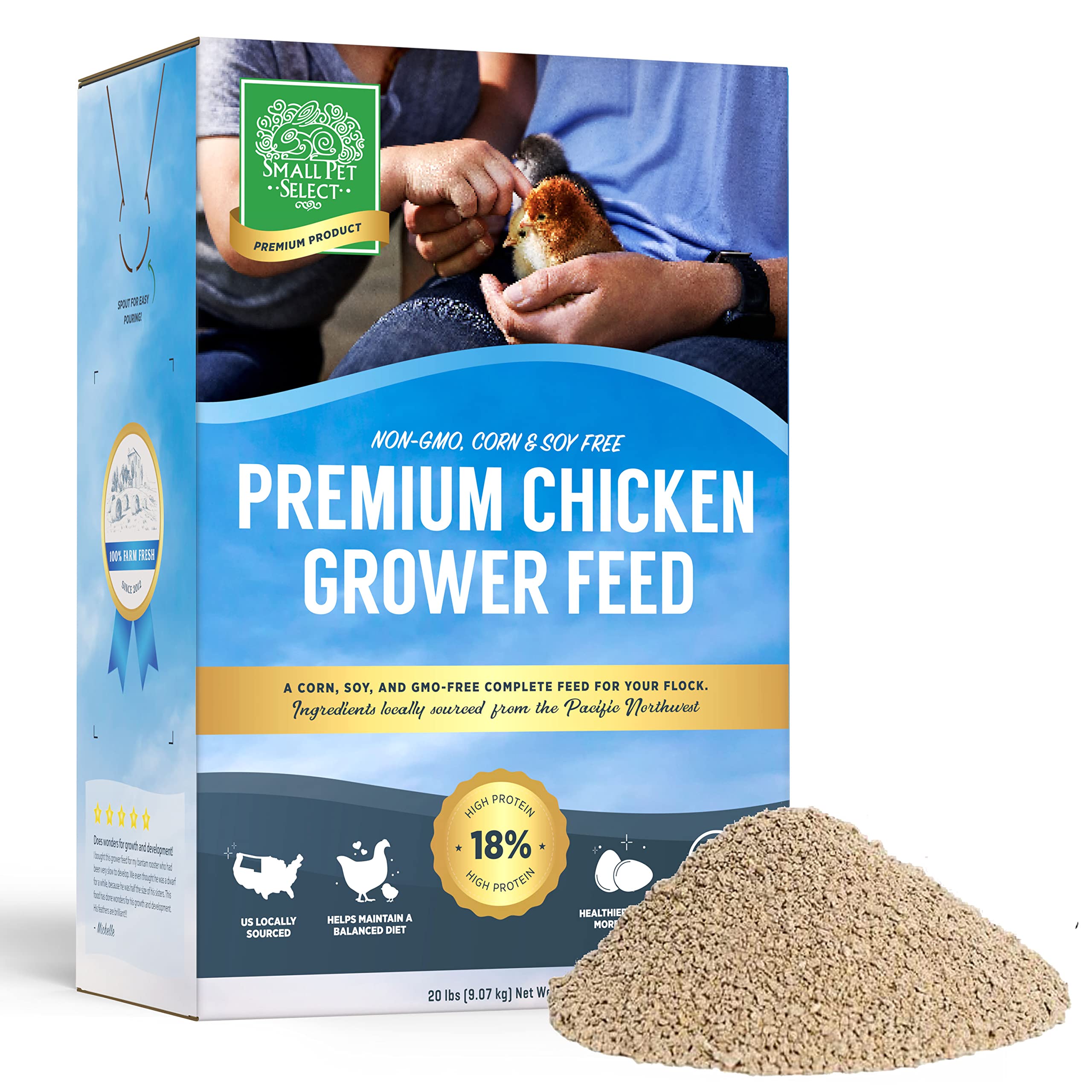 Small Pet Select alimentation poussins en croissance, emballage pratique et dosage adapté pour les jeunes poules.