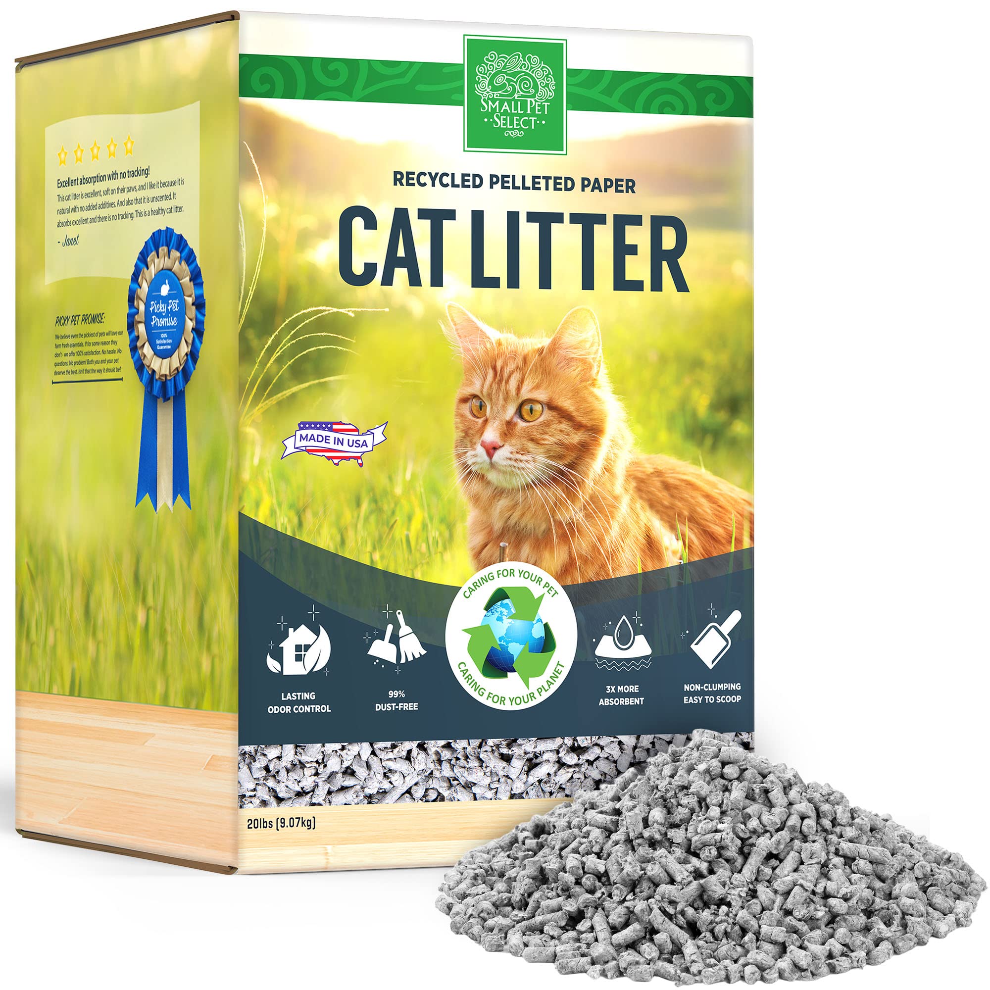 Small Pet Select litière en granulés de papier recyclé avec absorption accrue dans le bac à litière.