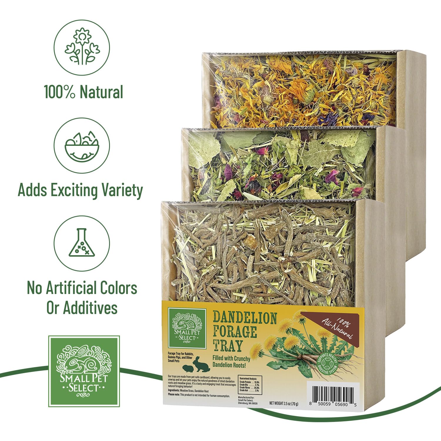Small Pet Select plateau fourrage pissenlits, favorise la mastication variée et le plaisir sensoriel.