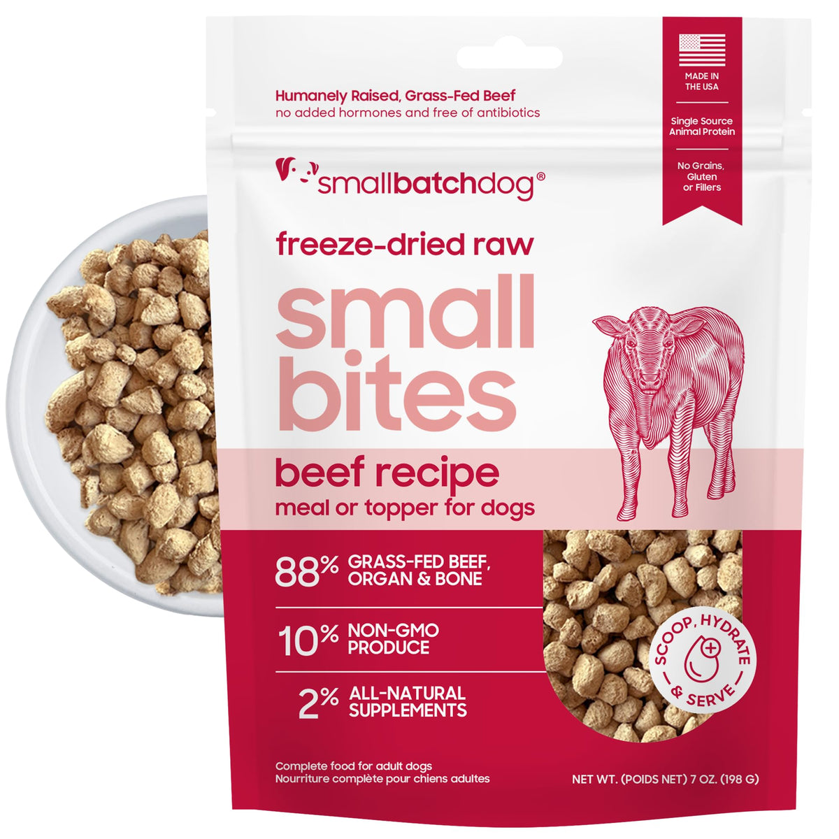 Smallbatch boeuf lyophilise, emballage visible, repas pratique pour chien