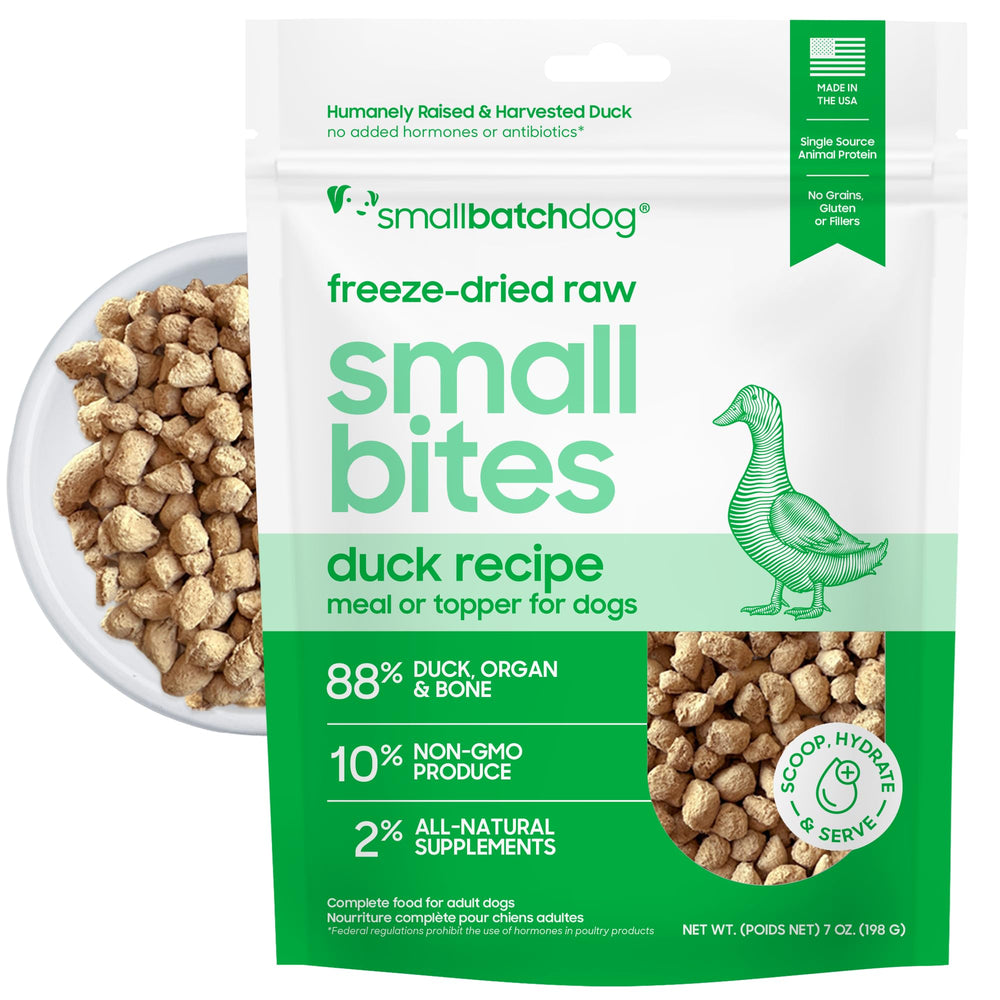 smallbatch canard bouchées sèches emballage, pratique pour repas équilibré