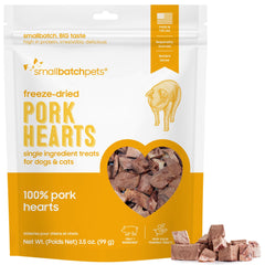 Smallbatch cœur-porc lyophilisé dans sachet 3-5oz, friandise pratique et nutritive pour chiens et chats.