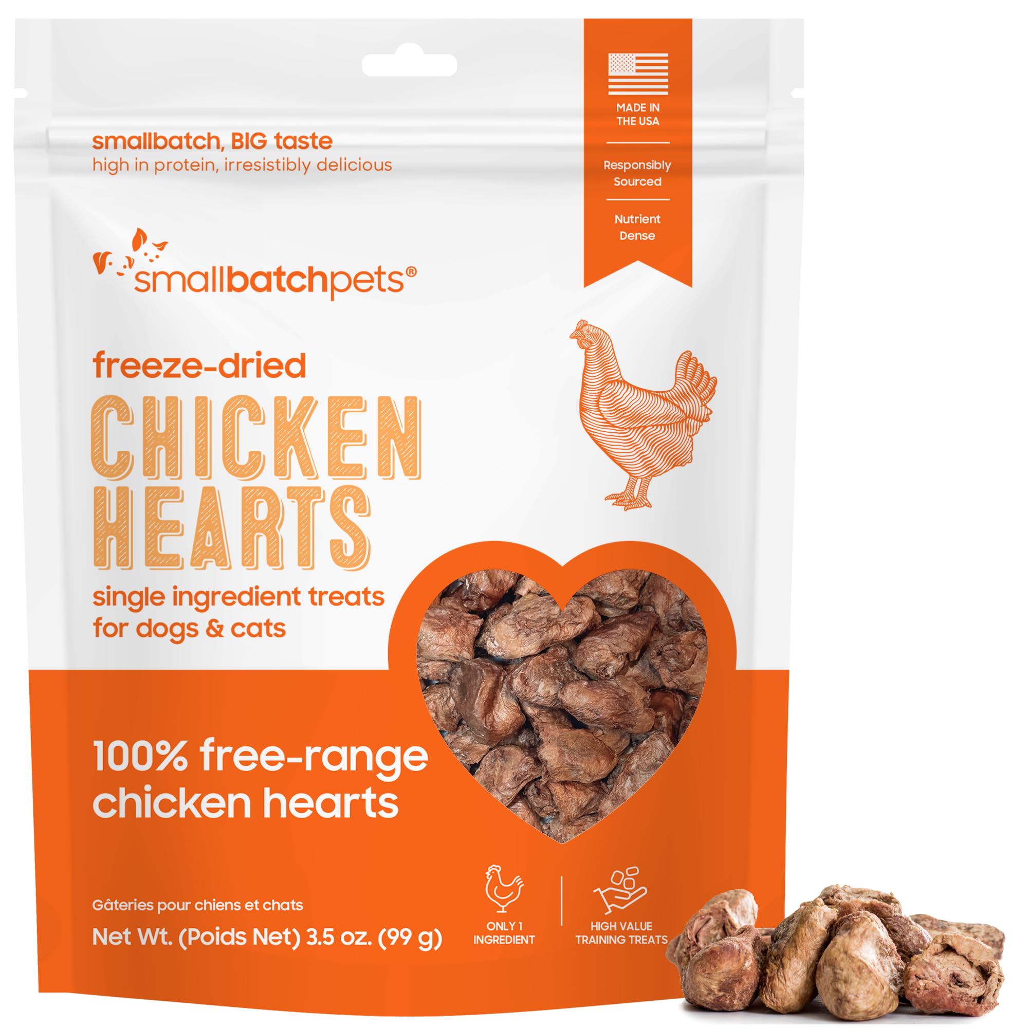 smallbatch coeur de poulet séché, emballage 3-5oz, récompense naturelle pour chiens et chats.