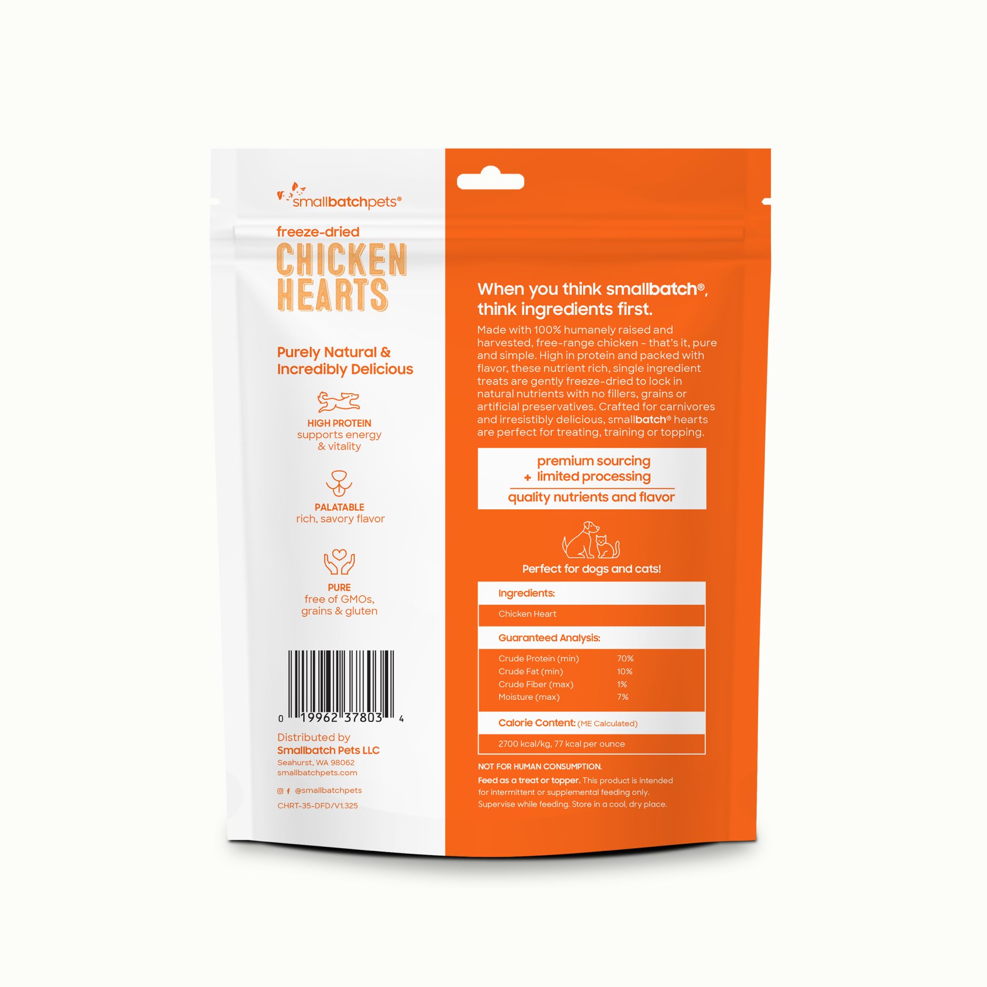 smallbatch coeur de poulet séché, source naturelle de protéines pour chiens et chats.
