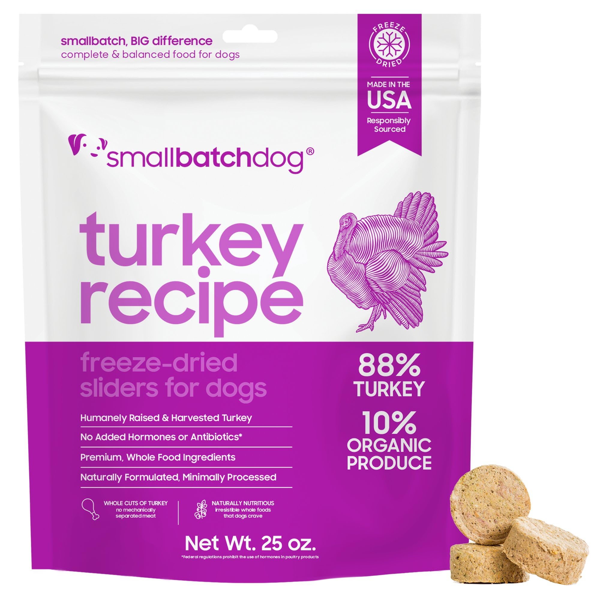 Smallbatch Pets dinde emballage clair, pratique pour planifier les repas.