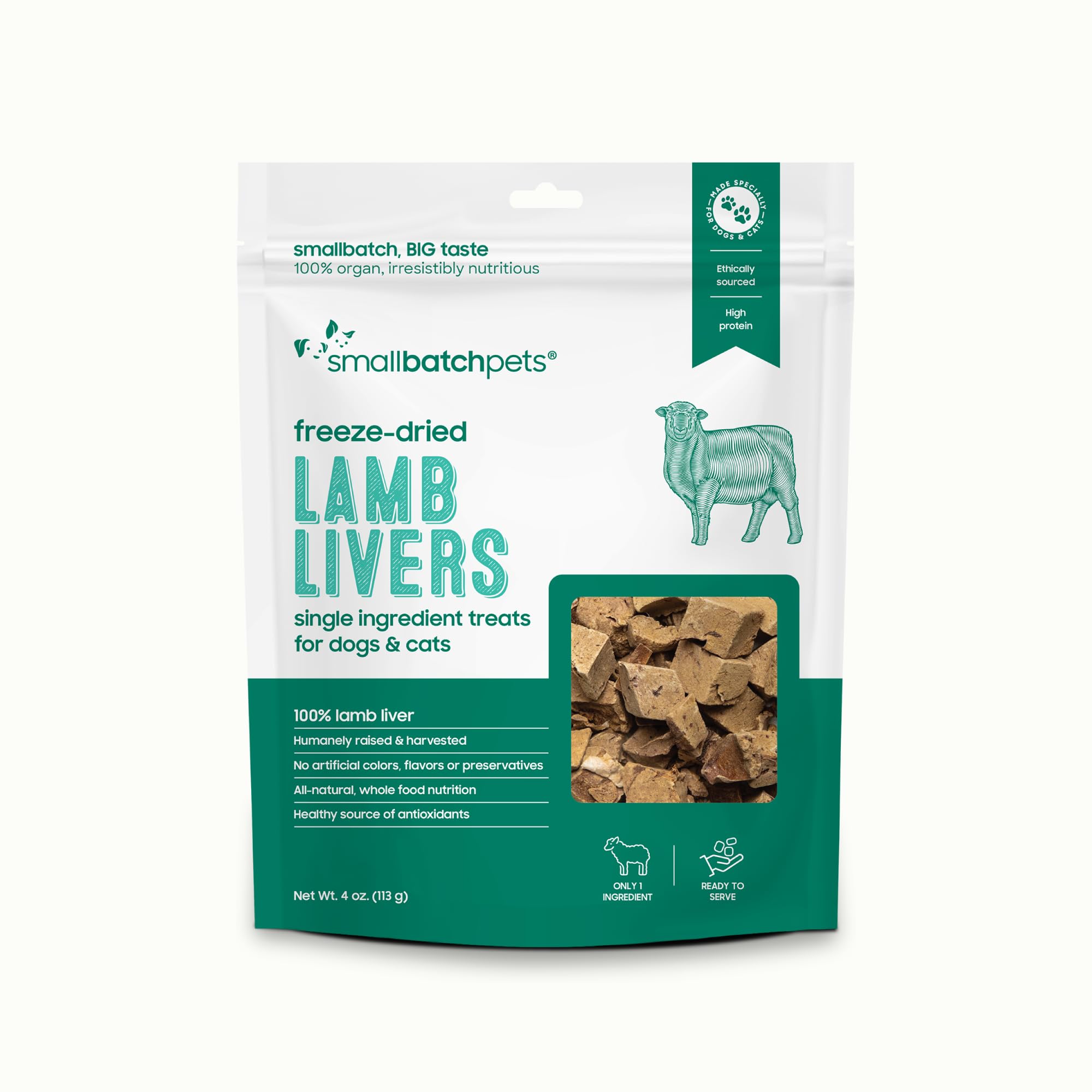 Smallbatch foie d'agneau séché en sachet, collation naturelle pour chiens et chats.