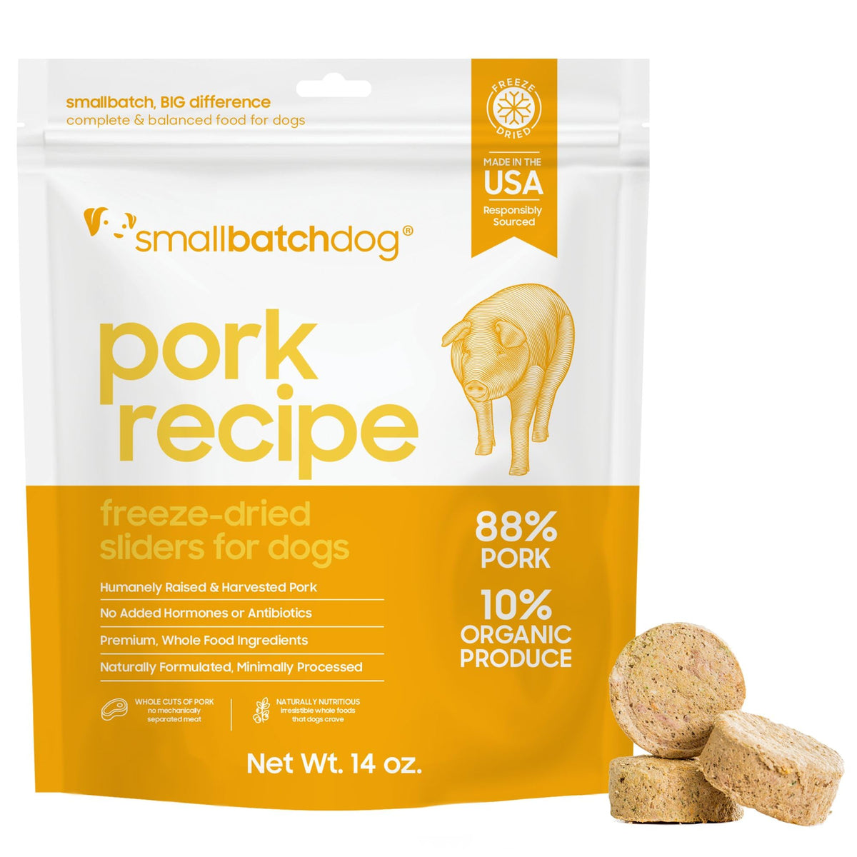 galettes lyophilisees au porc Smallbatch, repas proteine riche pour chien.