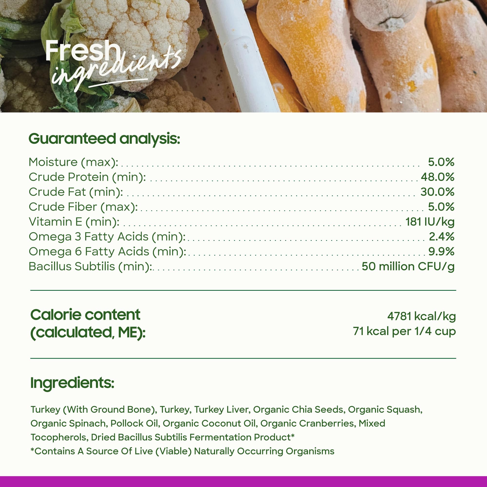 Smallbatch ingredients biologiques: chia, courge et epinards ajoutent couleur et saveur.