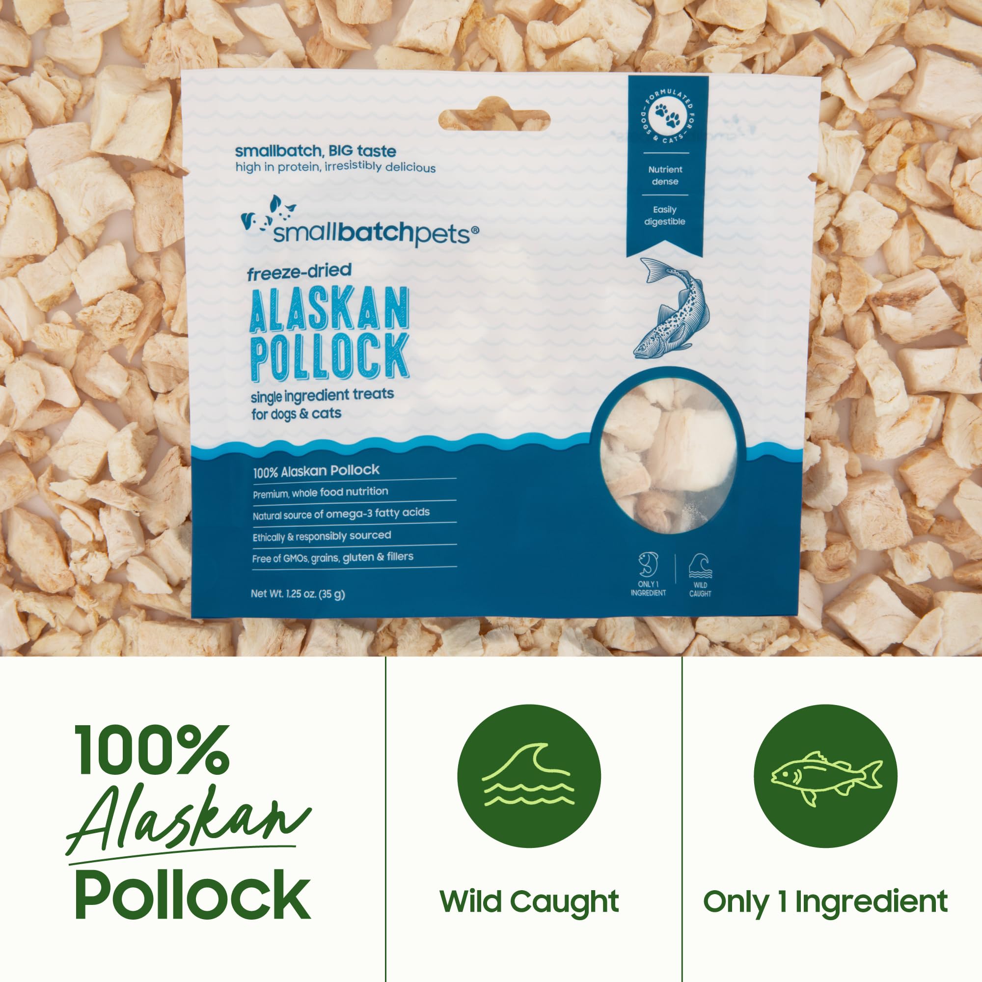Friandise pollock seche haute proteine Smallbatch, enrichie en oméga-3 pour le pelage et la peau.