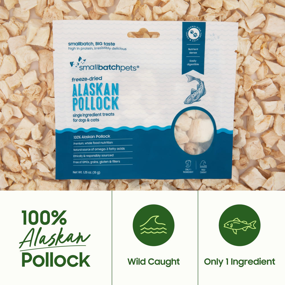 Friandise pollock seche haute proteine Smallbatch, enrichie en oméga-3 pour le pelage et la peau.