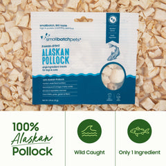 Friandise pollock seche haute proteine Smallbatch, enrichie en oméga-3 pour le pelage et la peau.