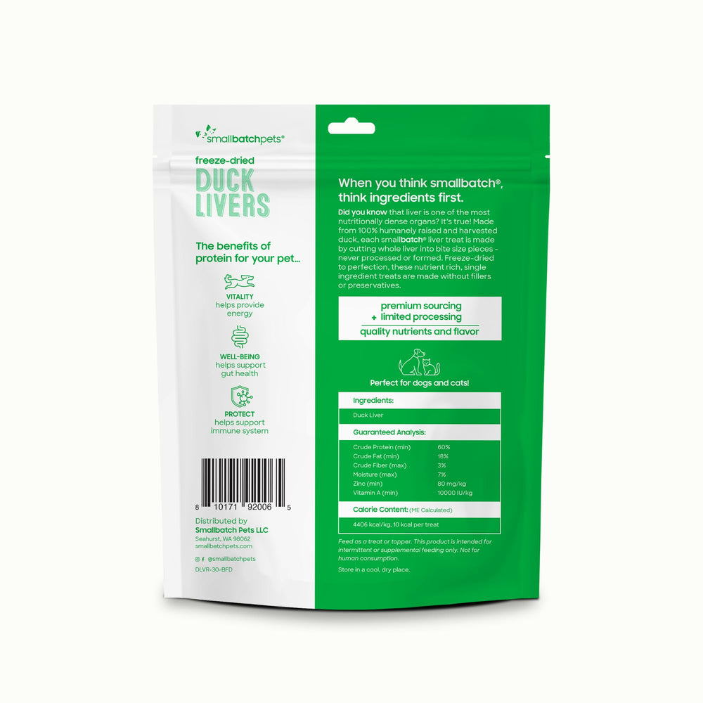 Récompense pratique pour chien et chat avec Smallbatch foie de canard lyophilisé.