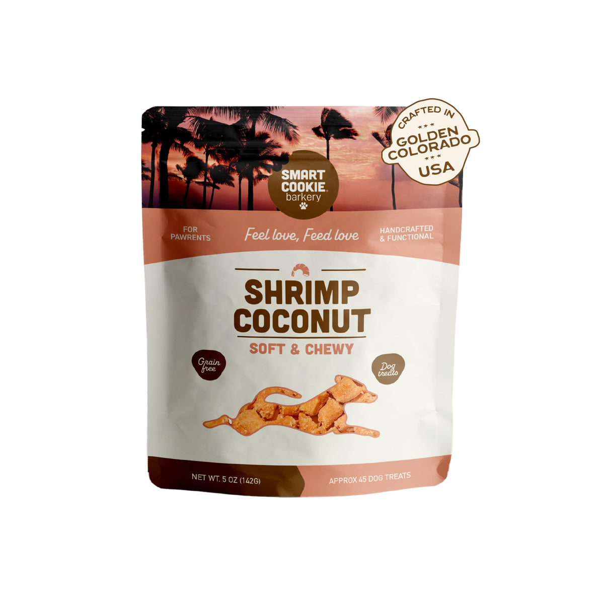 Smart Cookie sachet friandises chien: crevettes et coco, récompense savoureuse adaptée aux chiens sensibles.
