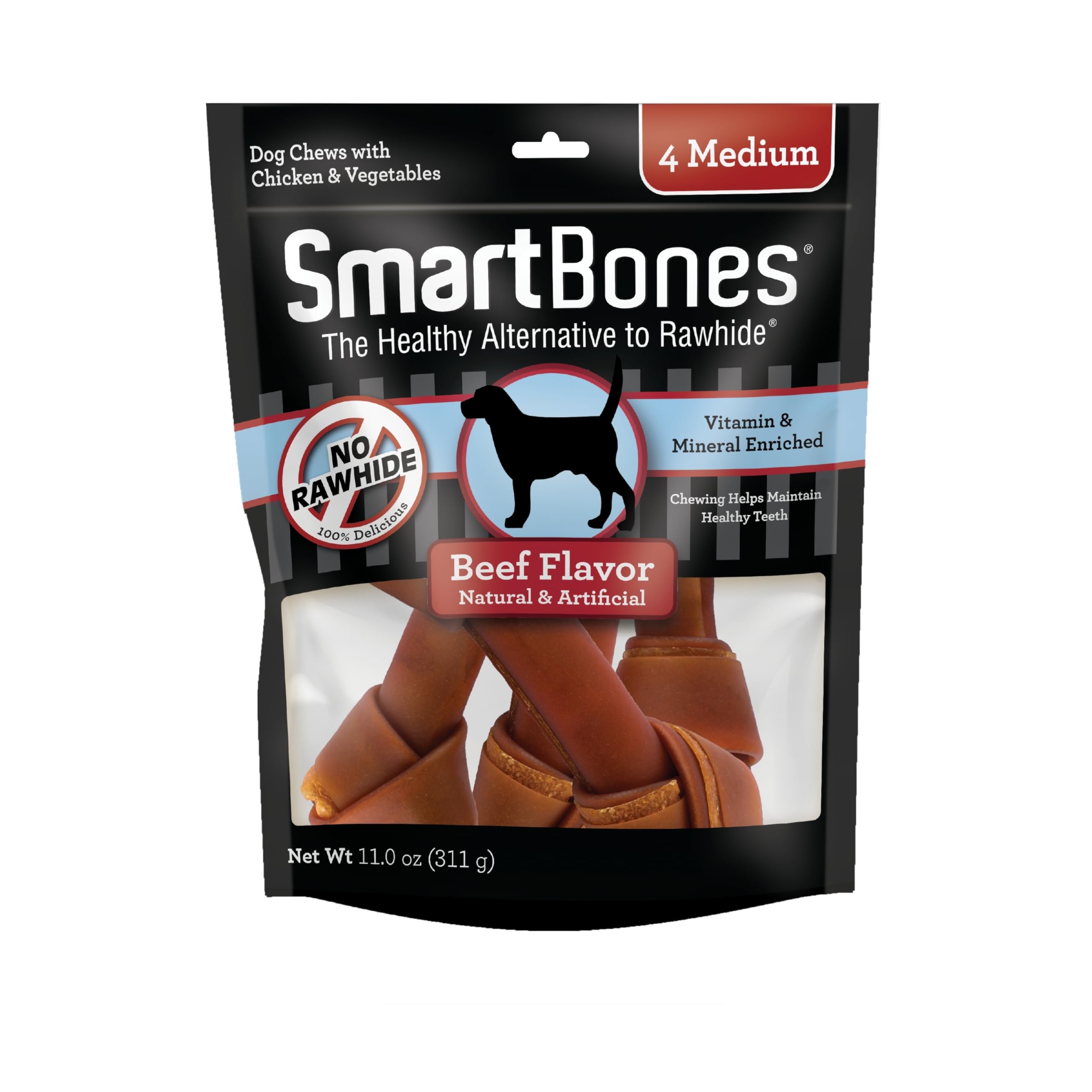 SmartBones emballage sans cuir, pratique et sûr pour chiens.