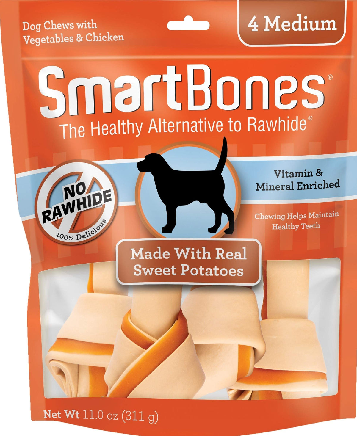 SmartBones friandises sans cuir avec patate douce et poulet, faciles à digérer.