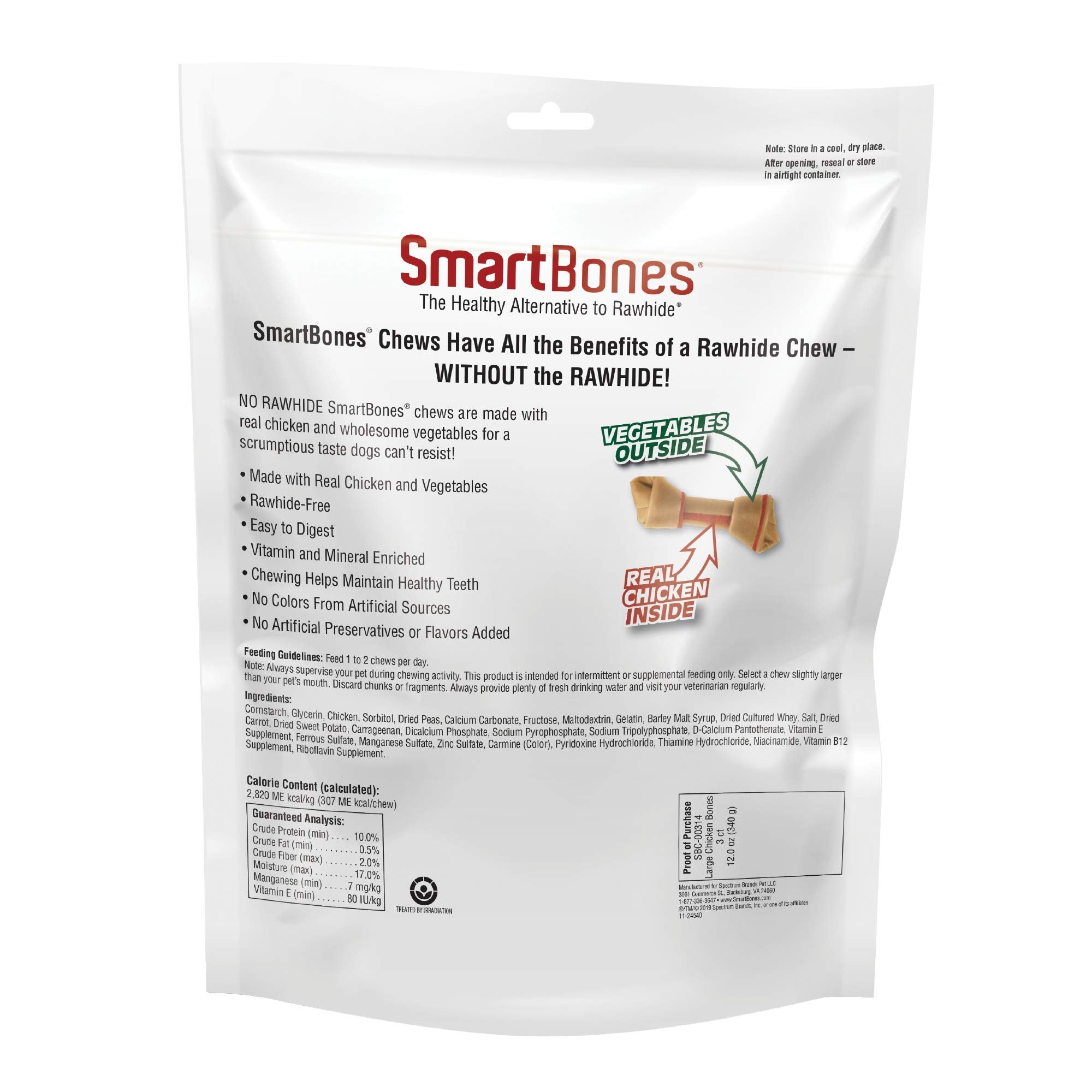 SmartBones montre des ingrédients poulet et légumes pour un goût appétissant.
