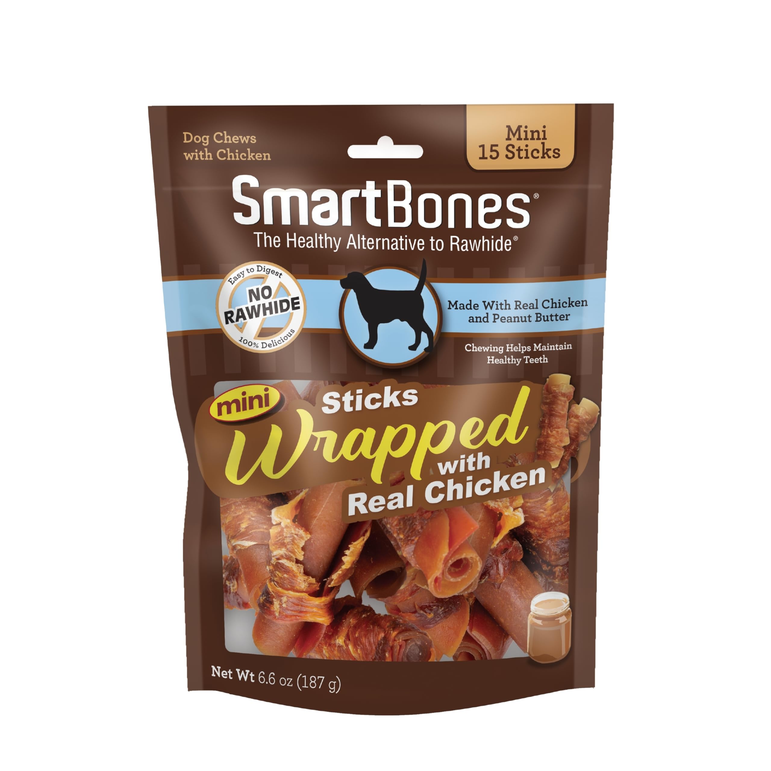 SmartBones Mini-bâtons poulet et beurre d'arachide, emballage prêt à l'emploi.