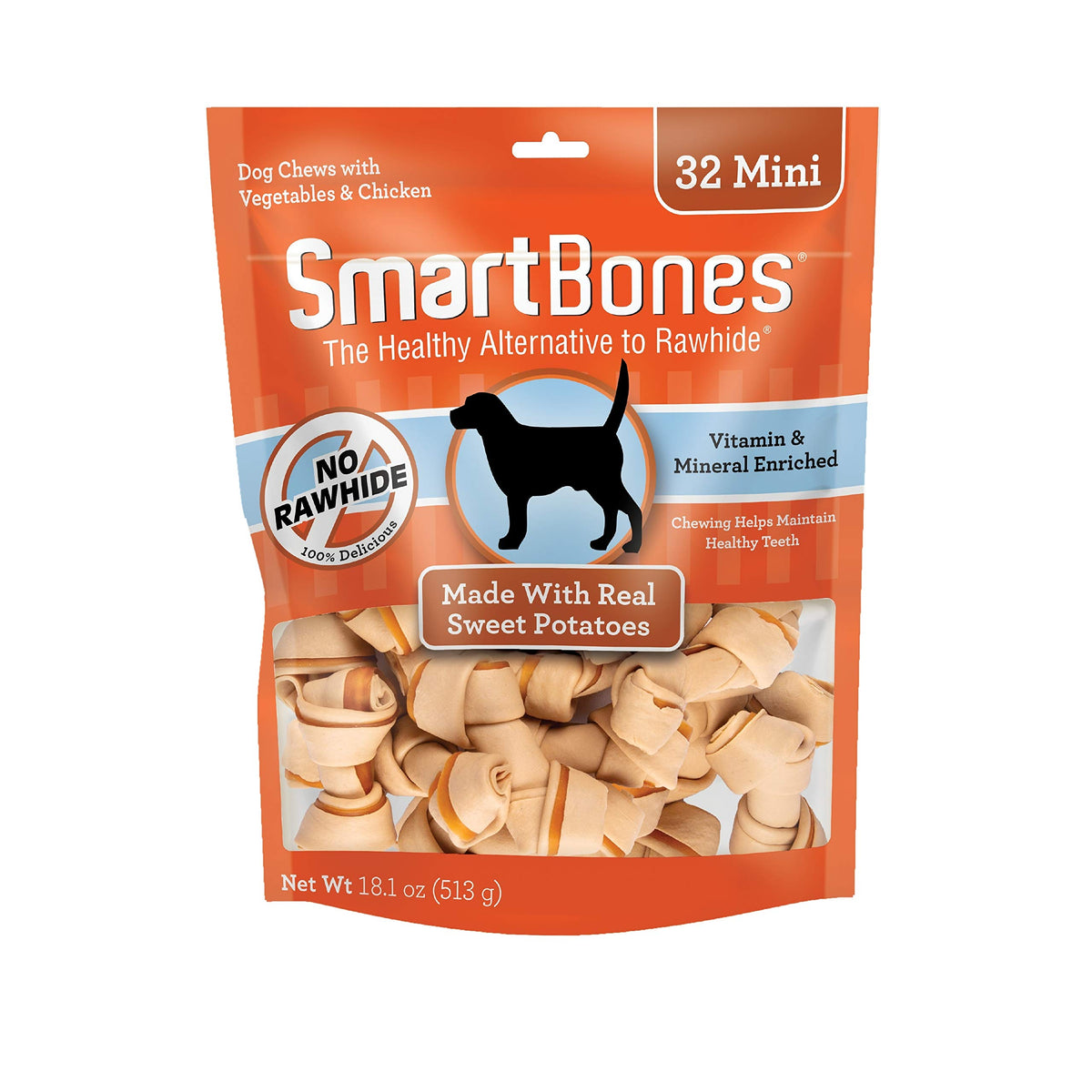 SmartBones Mini Chews patate douce poulet — emballage pratique et sans cuir.
