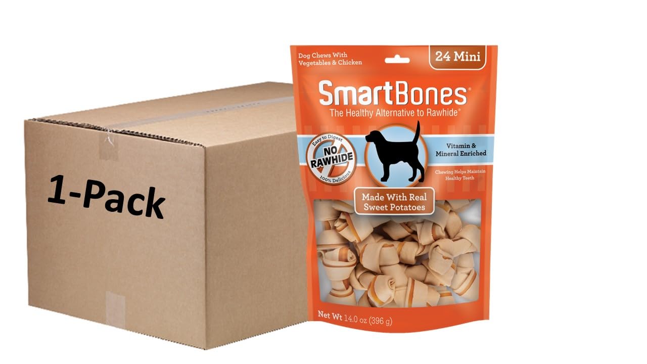 SmartBones Mini friandises patate douce pour chien, texture savoureuse et sans cuir brut.