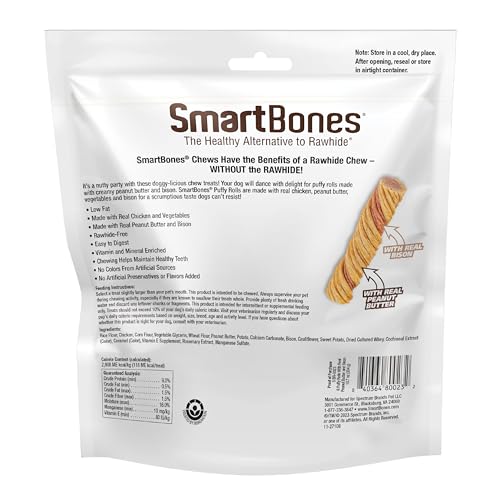SmartBones Puffy Rolls, emballage attrayant montrant une alternative sans cuir pour chiens.