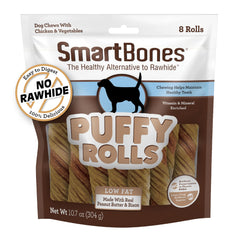 SmartBones Puffy Rolls, gros plan à mâcher, friandise savoureuse et facile à mâcher.