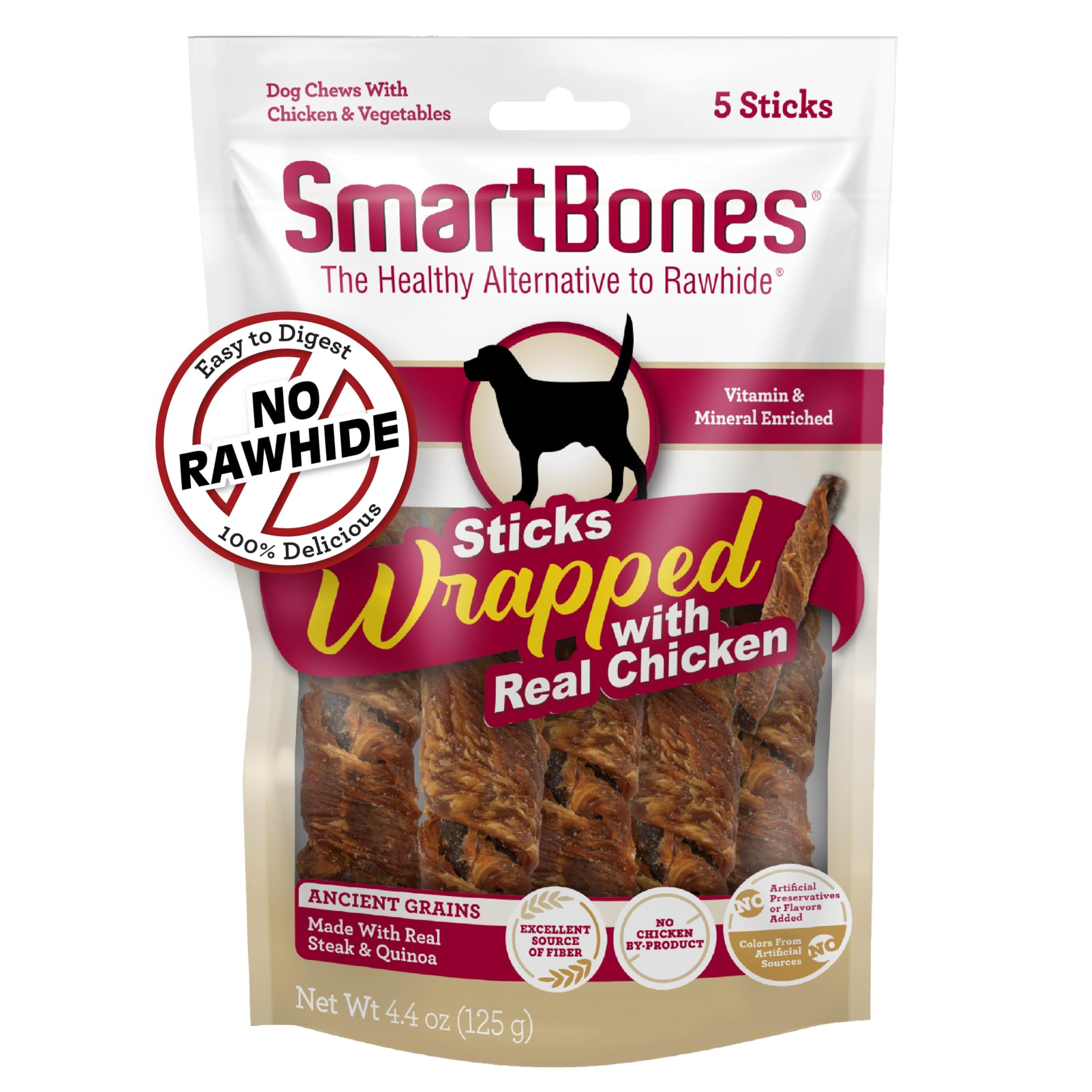 SmartBones bâton-poulet-quinoa : récompense savoureuse sans cuir et facile à digérer.