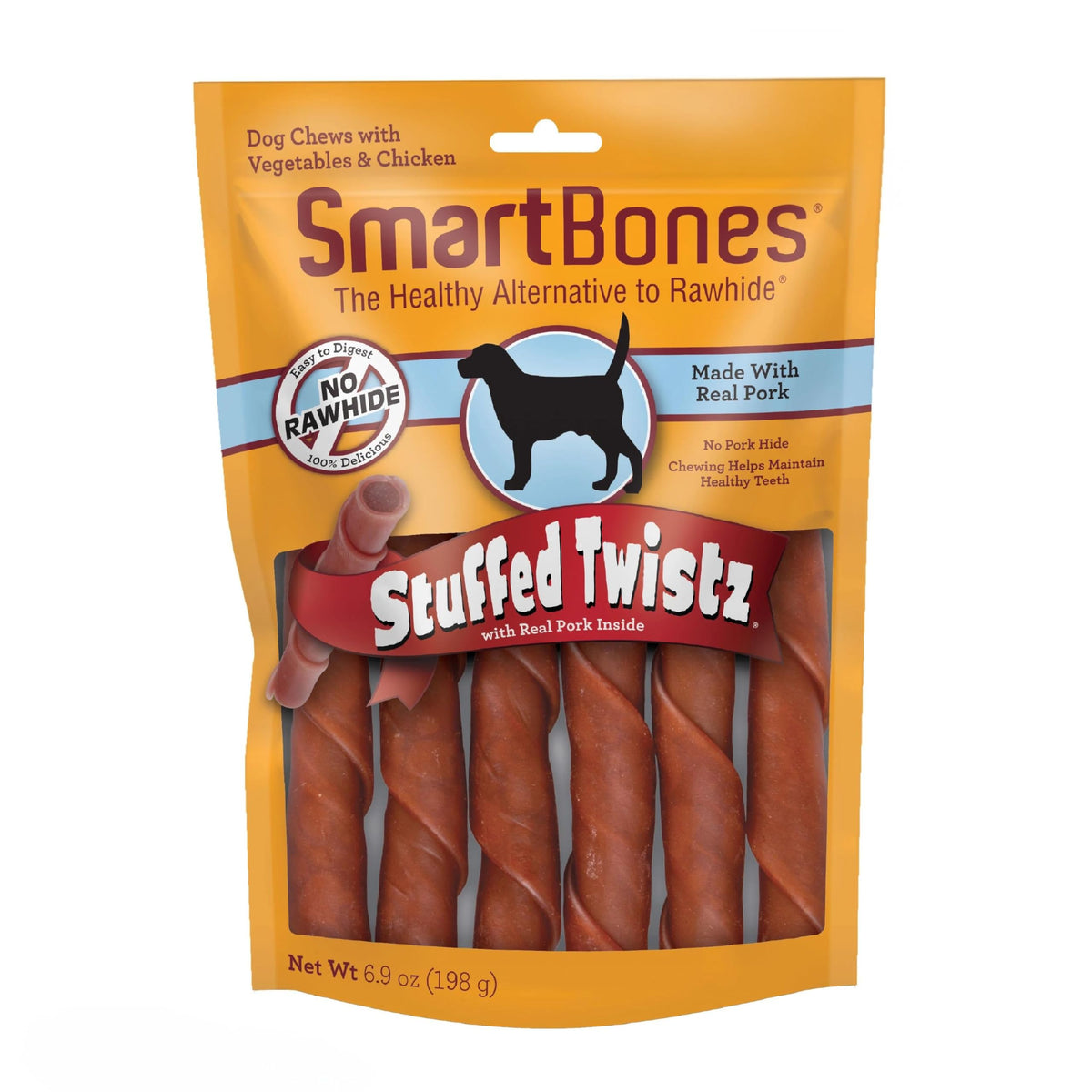 SmartBones Stuffed Twist Sticks vue poulet-legumes-centre-porc, goût savoureux et plaisir de mâcher