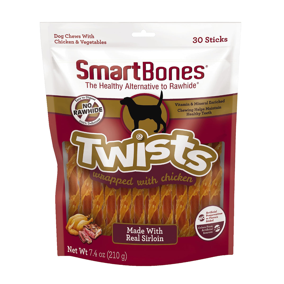 SmartBones Twists enrobés poulet et rumsteck réel, texture appétissante et sans cuir brut.
