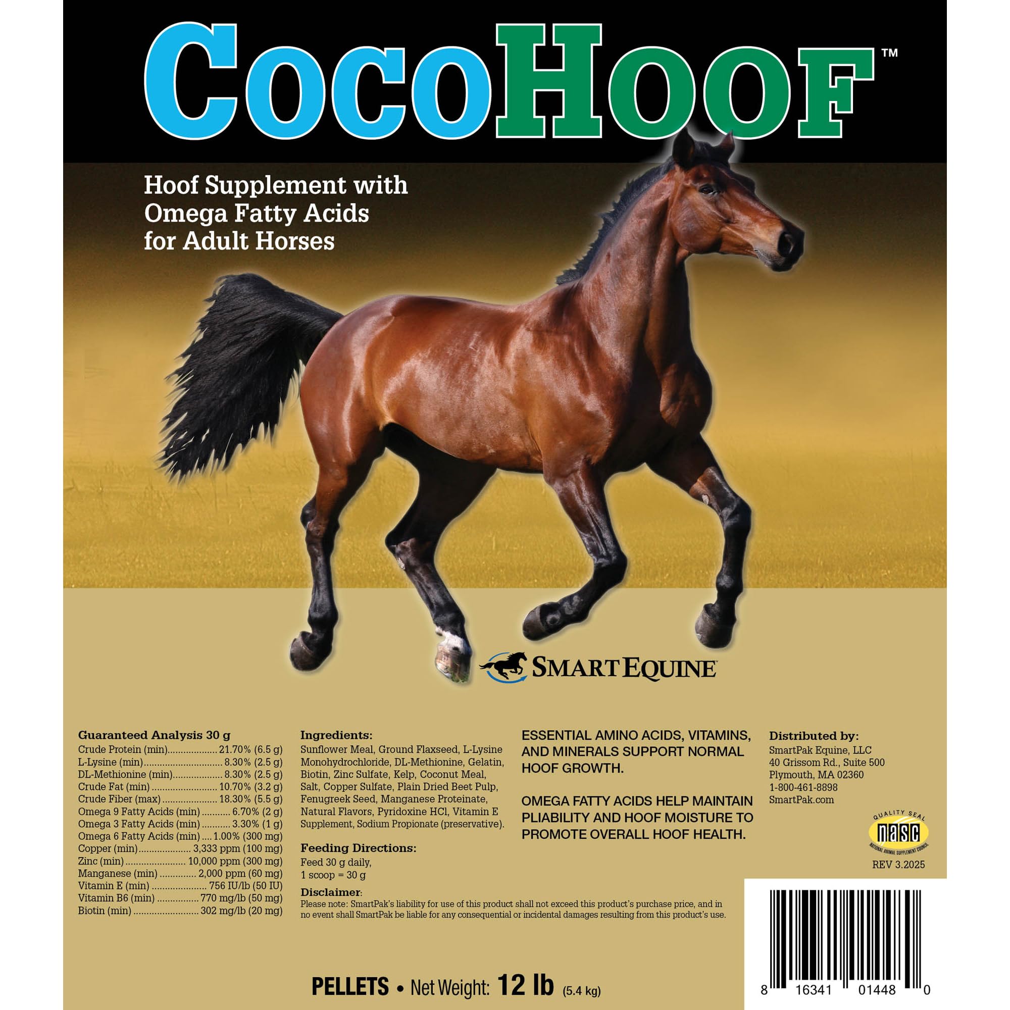 SmartEquine CocoHoof – texture des pellets en gros plan, nutriments clés visibles.