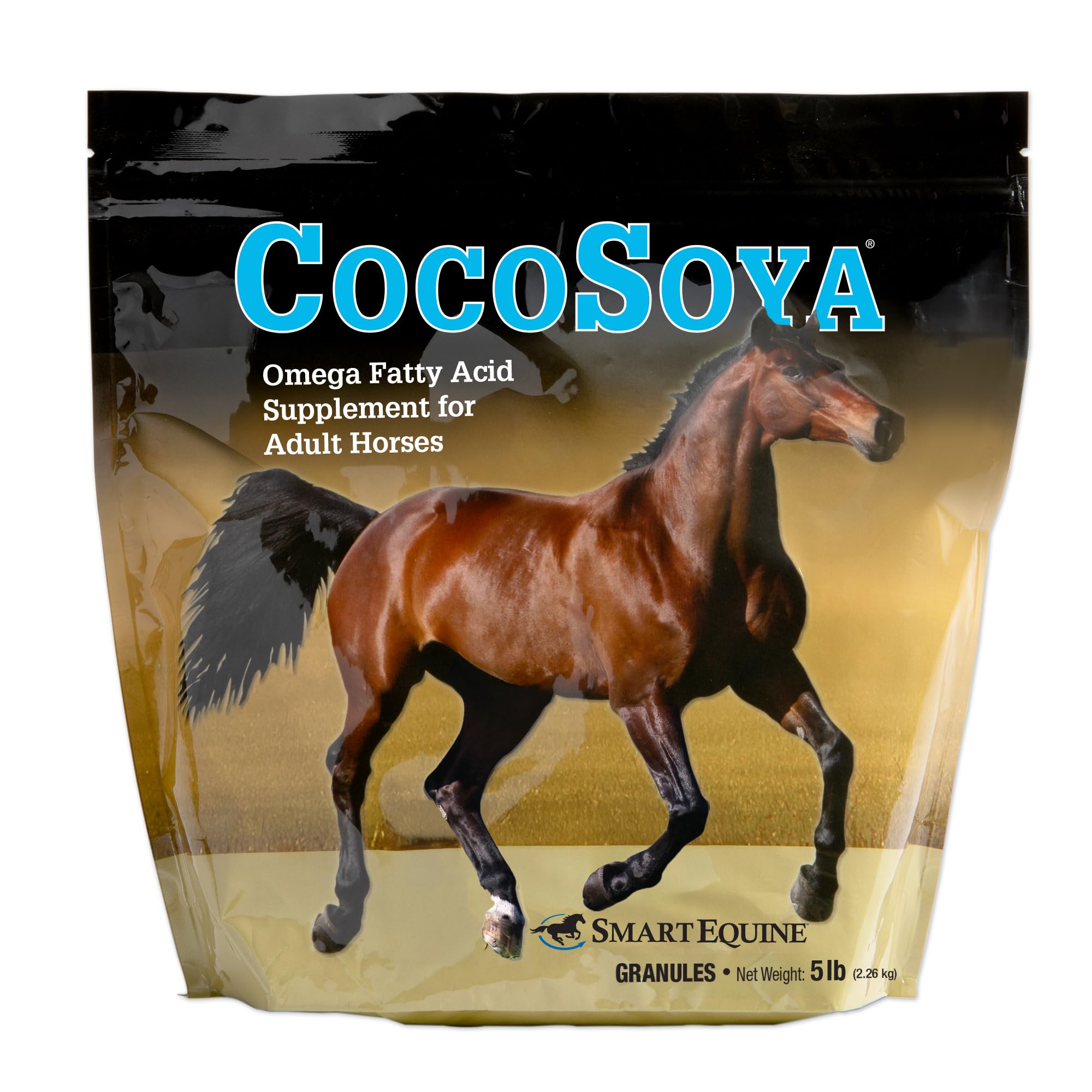 SmartEquine CocoSoya Granular, emballage pratique et dosage facile pour l'alimentation.