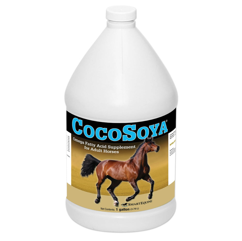 Huile CocoSoya SmartEquine dans la bouteille, prêt à nourrir le pelage.
