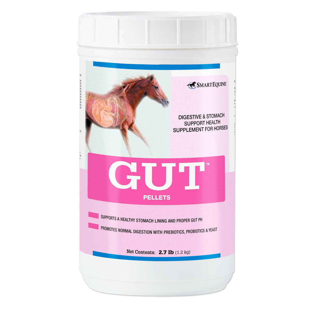 SmartEquine Gut Pellets en bouteille, administration pratique et rapide.
