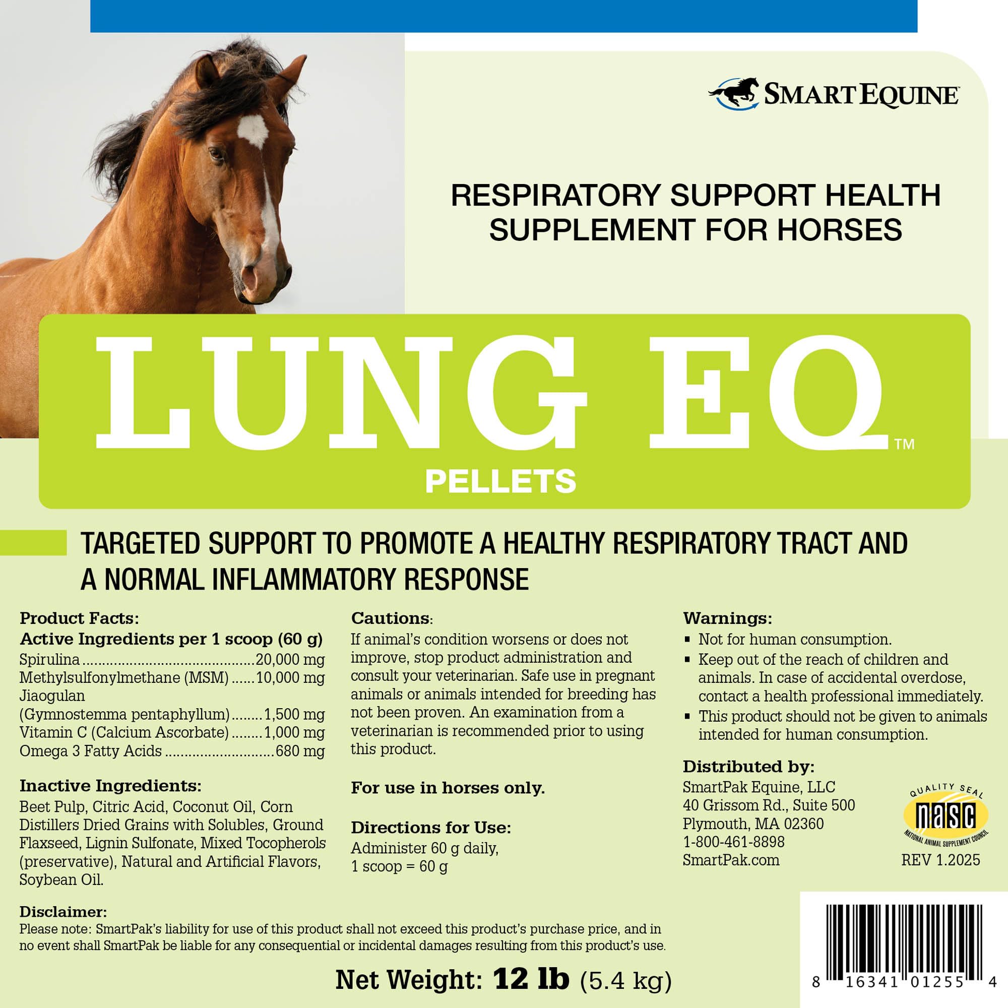 SmartEquine Lung EQ Pellets flacon présentation, dose quotidienne au service de la respiration.