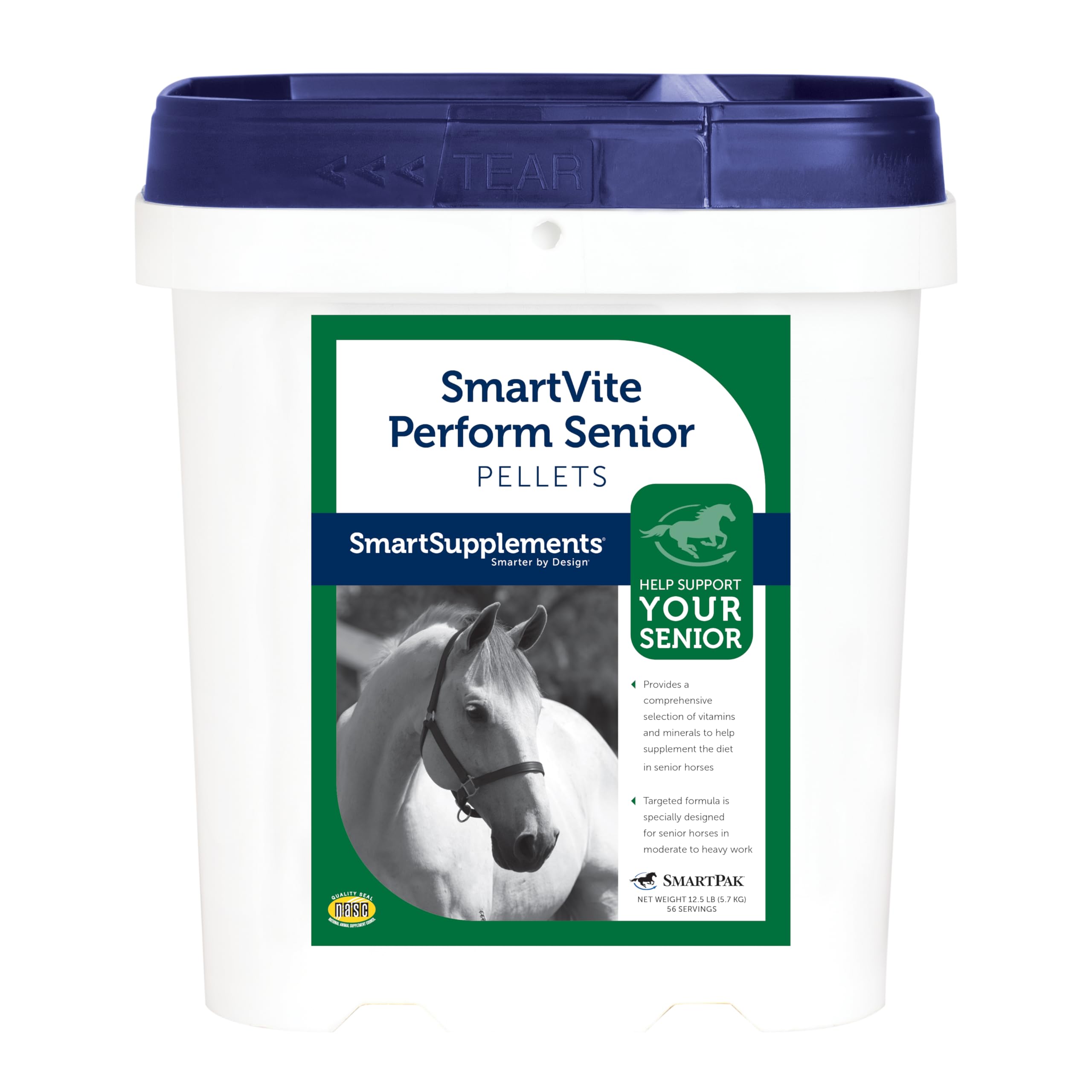 SmartEquine SmartVite Perform Senior Pellets en emballage, soutien nutritionnel ciblé pour chevaux seniors.