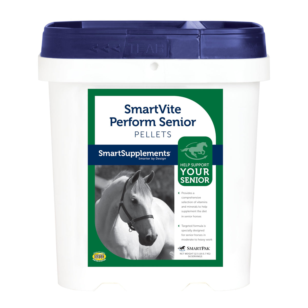 SmartEquine SmartVite Perform Senior Pellets en emballage, soutien nutritionnel ciblé pour chevaux seniors.