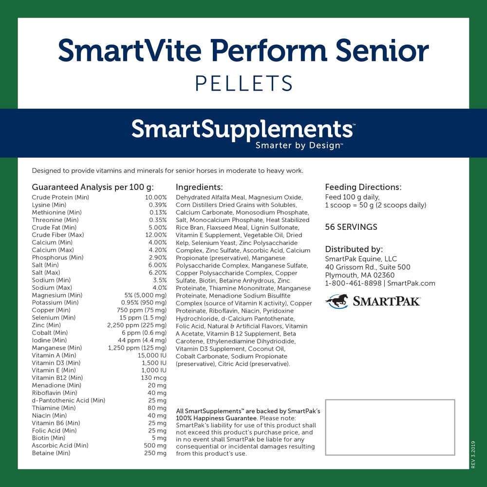 SmartEquine SmartVite Perform Senior Pellets – texture granuleuse facilitant l’ingestion des chevaux âgés.