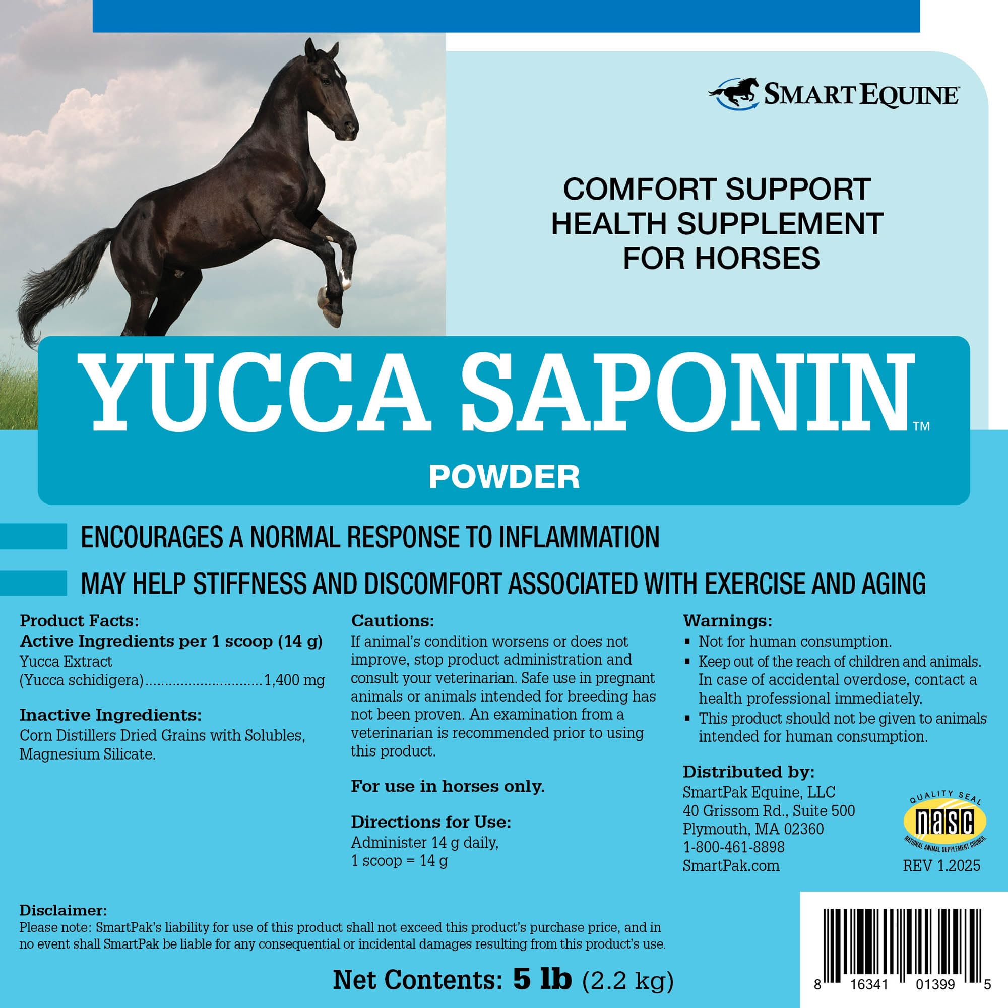 SmartEquine Yucca Saponin – emballage: formule à 10% Yucca, utile pour les chevaux seniors.