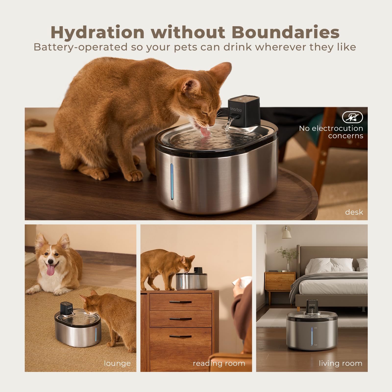 Smartoo fontaine eau chat capteur mouvement, activation pratique à l'approche du chat.