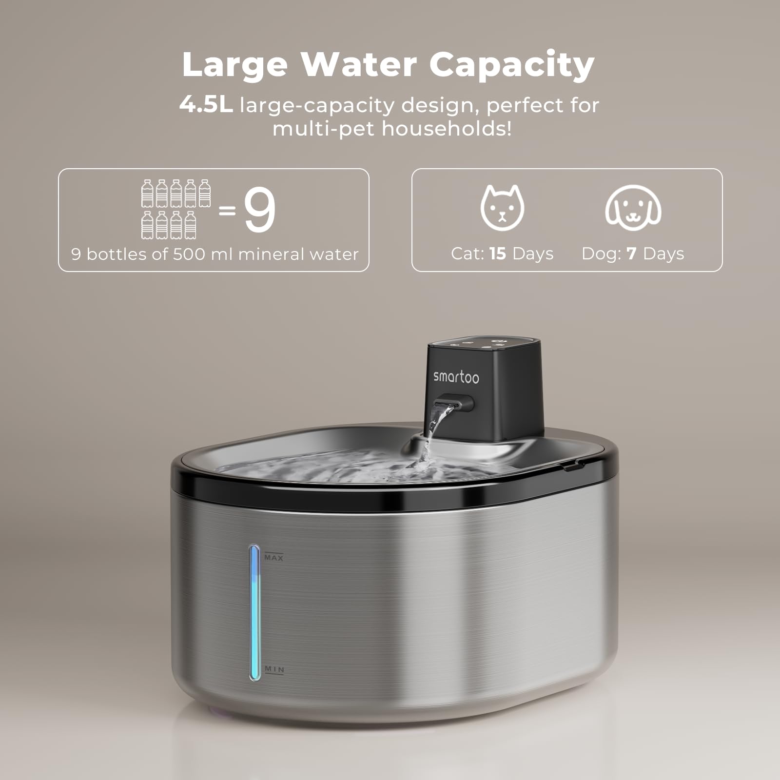 Smartoo pompe silencieuse, fonctionnement discret pour un intérieur calme.