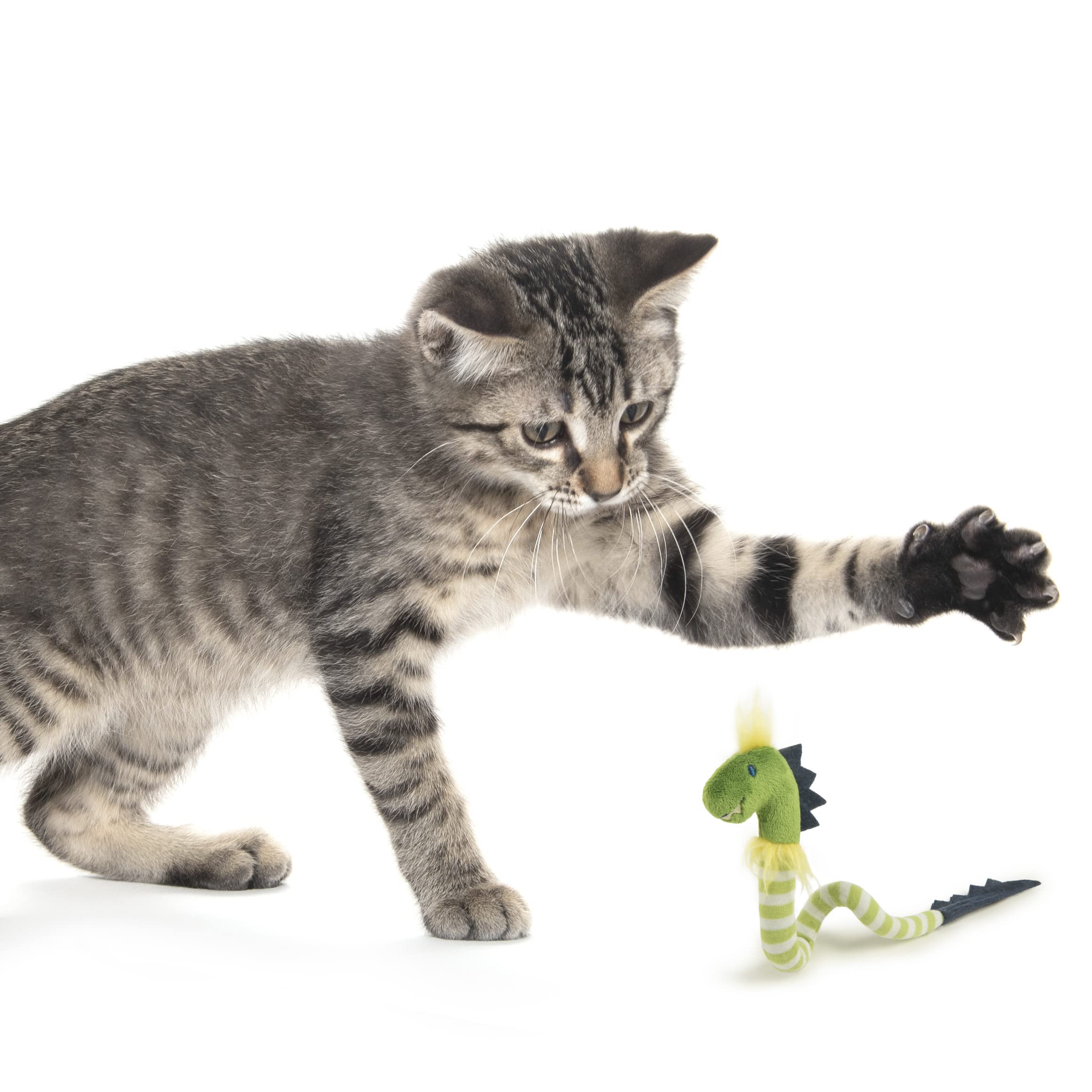 Dinosaure pendu sur meuble, SmartyKat Bendy Buddy, offre un repère de chasse ambitieux.