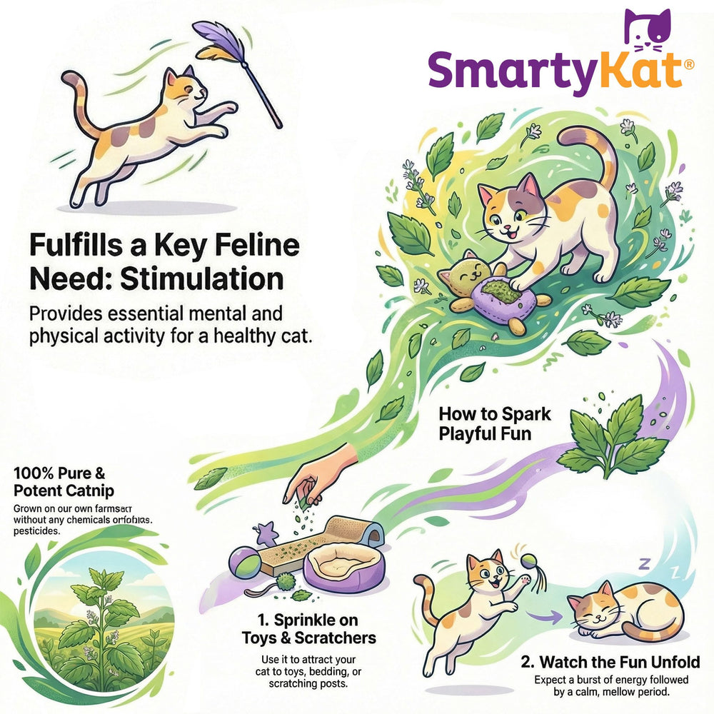 SmartyKat Catnip près d'un jouet, encourage l'exercice et le jeu.