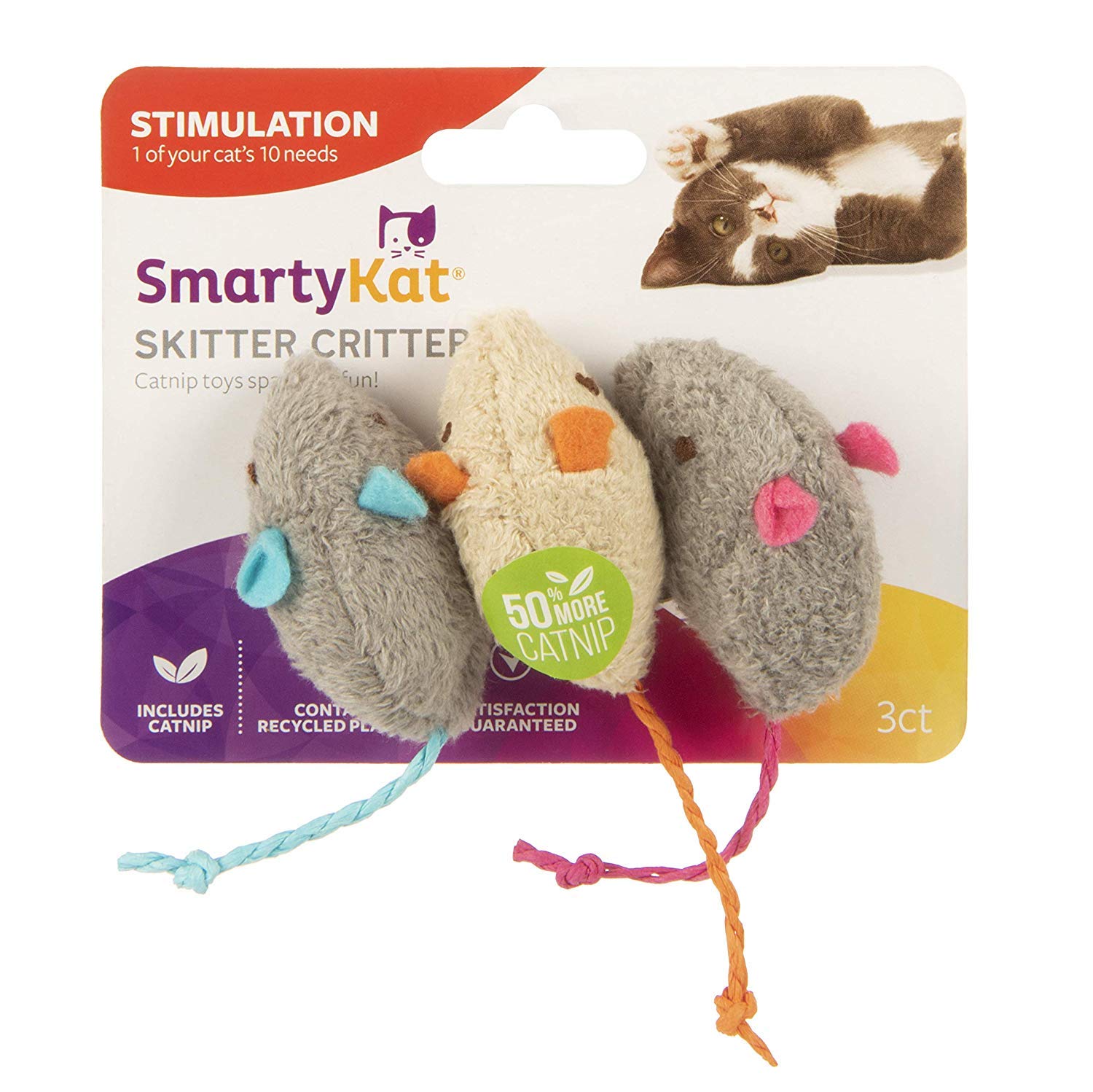 Souris SmartyKat à herbe à chat, 3 pièces, pour stimuler le jeu et l’exercice.