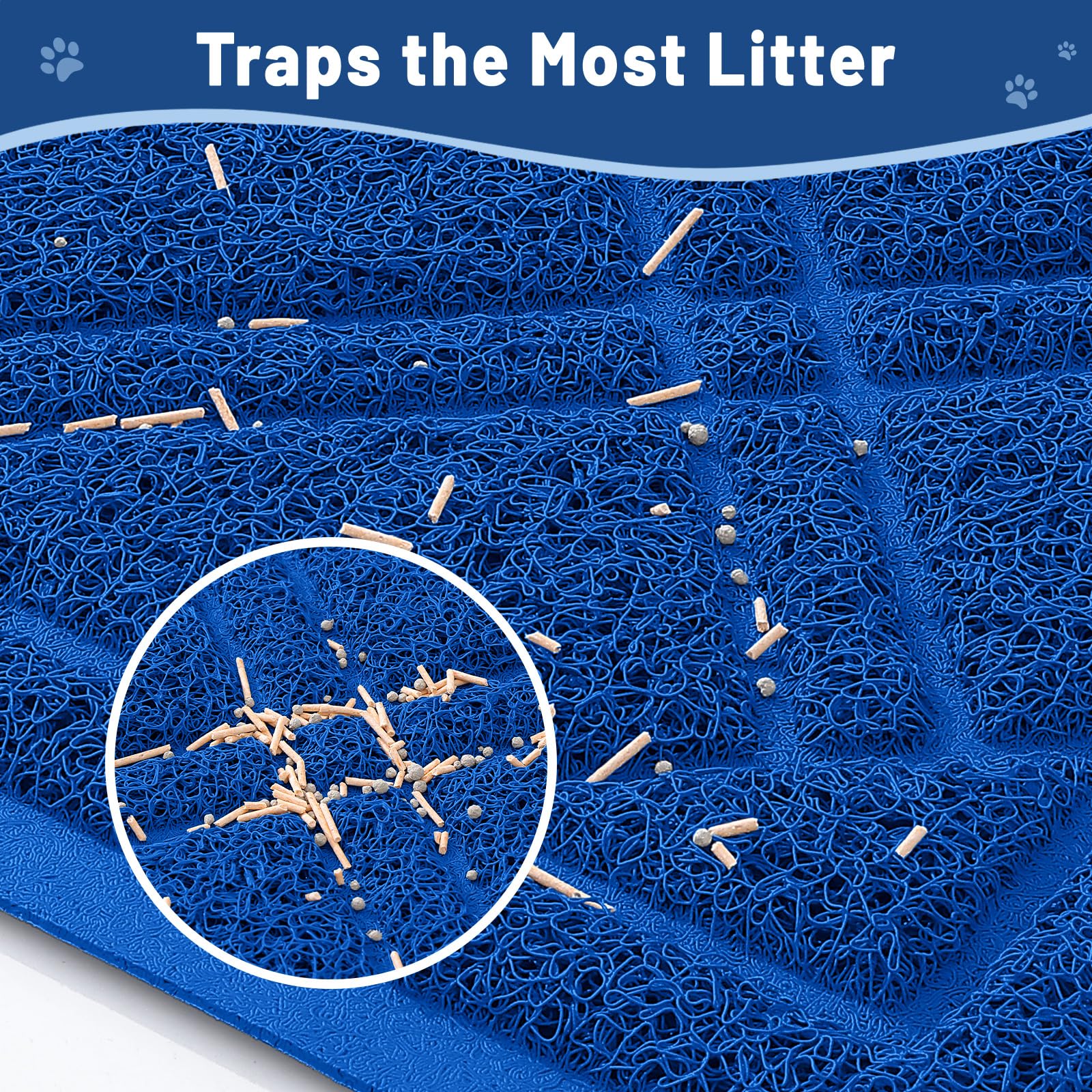 Smiry Tapis Litière Chat bleu vue arrière, base anti-glisse reste en place.