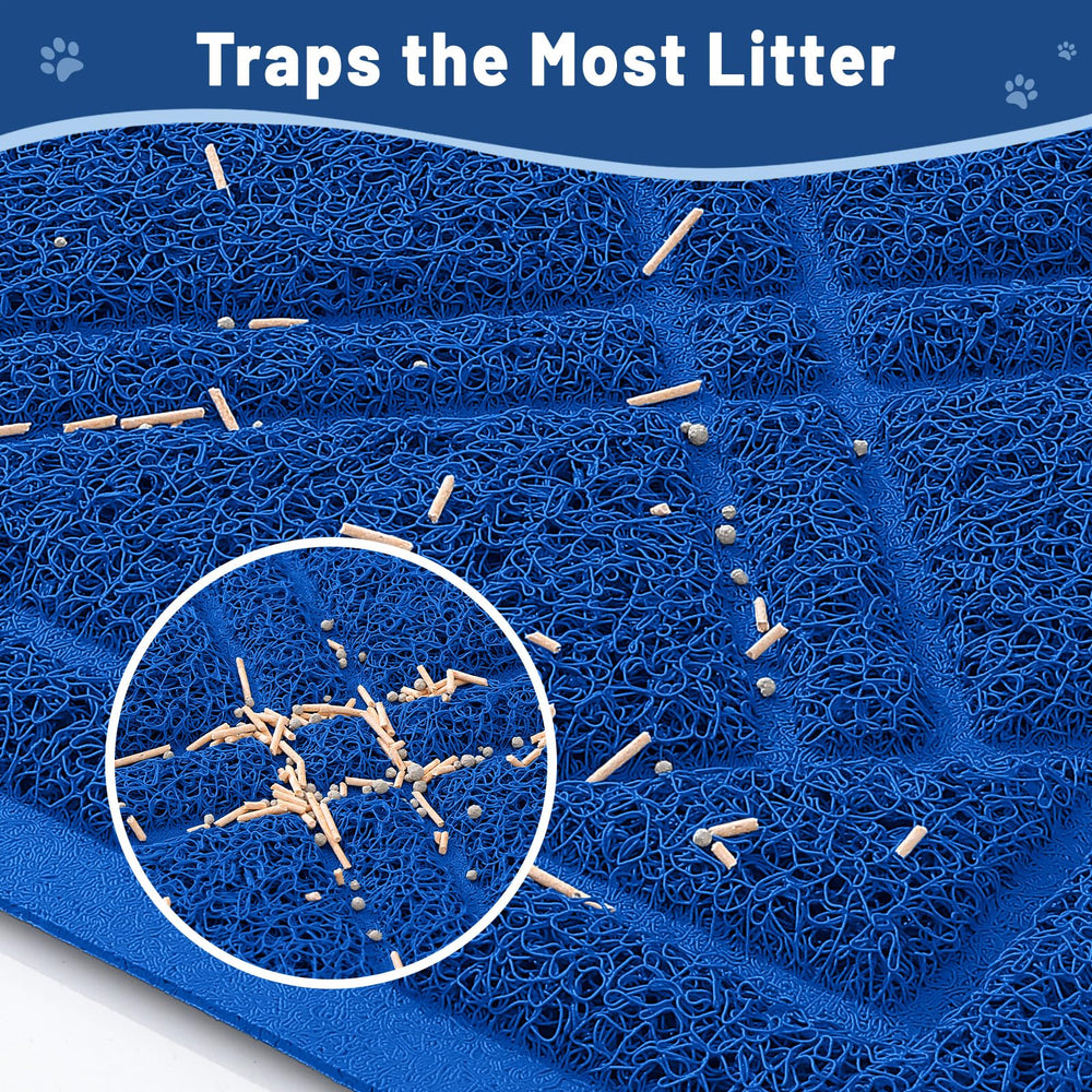 Smiry Tapis Litière Chat bleu vue arrière, base anti-glisse reste en place.