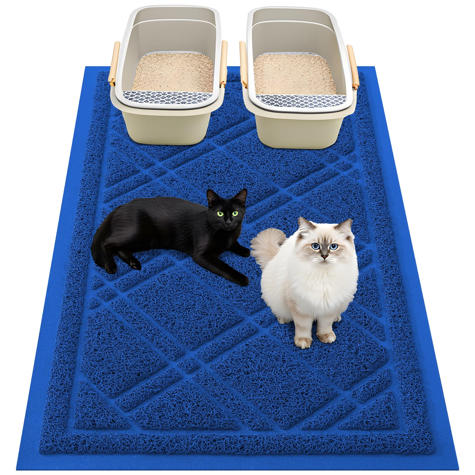 Smiry Tapis Litière Chat bleu vue face, capte les grains près de la caisse.
